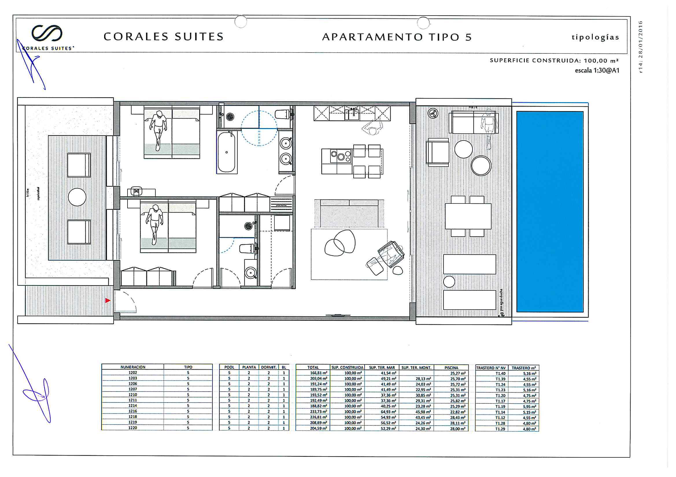 The floor plan of Corales Suites apartment 1207 with 2 bedrooms and a swimming pool
