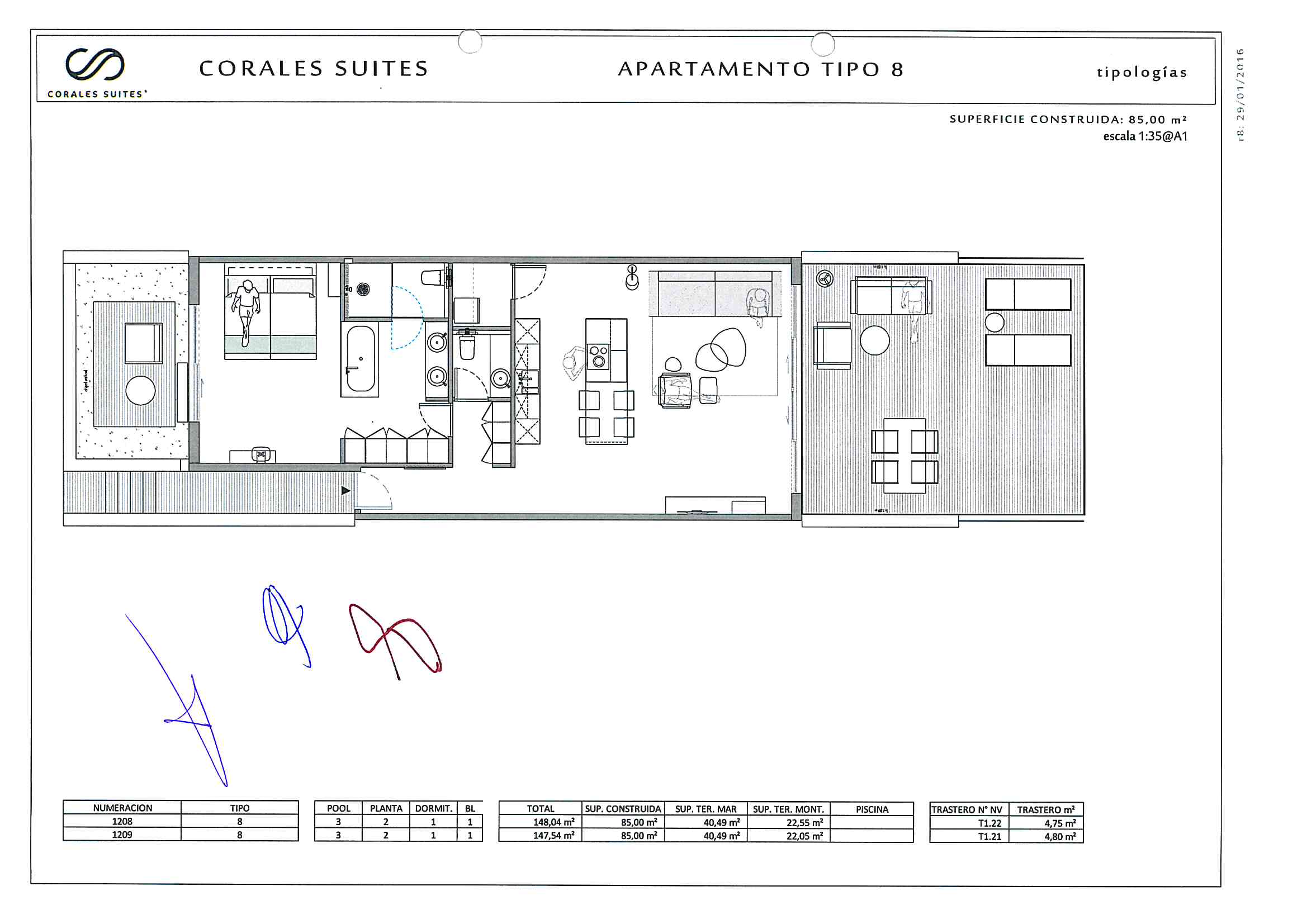 The floor plan of Corales Suites apartment 1208 and 1209 with 1 bedroom, 2 terraces and without swimming pool
