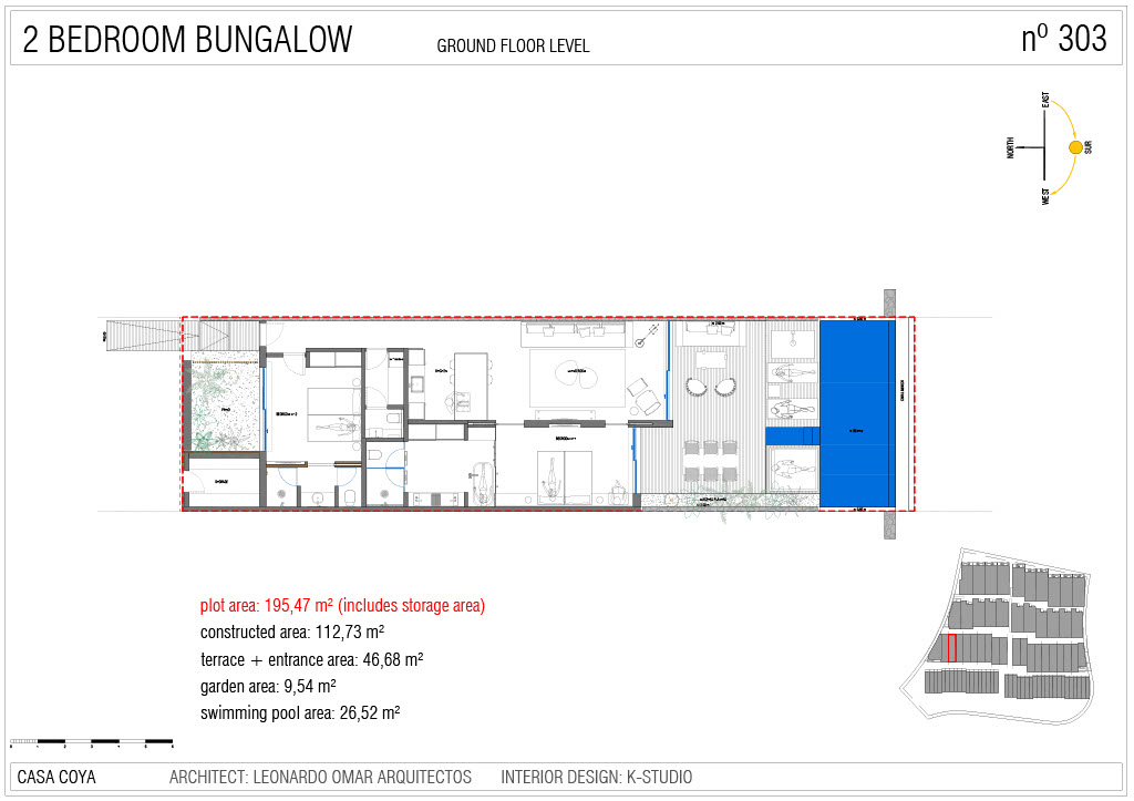 Floor plan of Apartment 303 at Royal Hideaway Corales Villas showing two bedrooms, ensuite bathrooms, open kitchen and terrace.