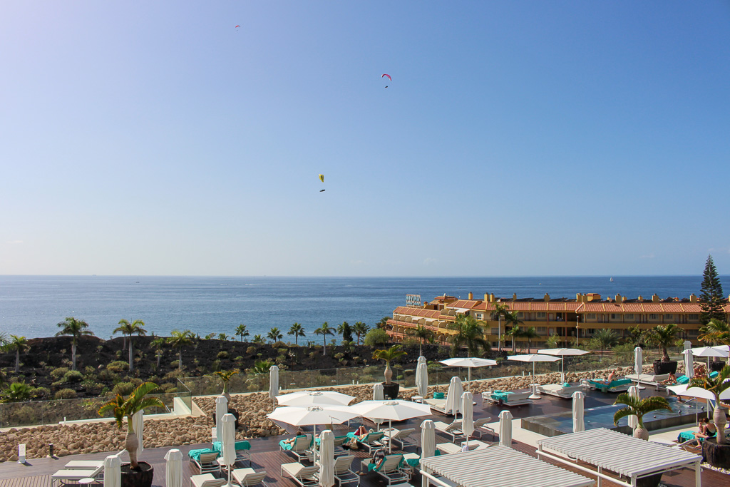 Spacious terrace with ocean view and direct access to the living room and kitchen in Royal Hideaway Corales Suites apartment 1308.