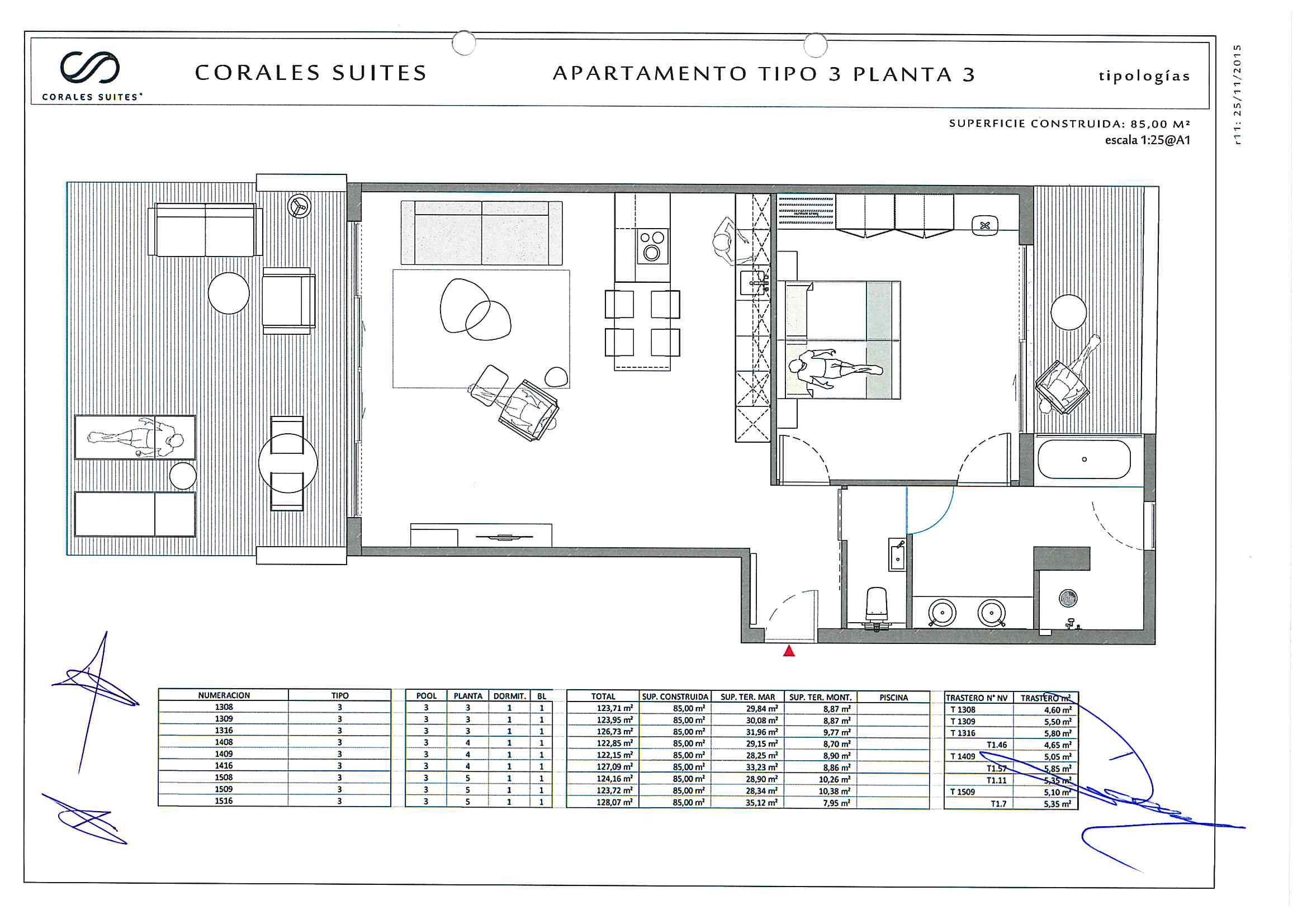 Detailed floor plan of apartment 1308 in the 5★ Royal Hideaway Corales Suites showing the layout with open-plan living room and kitchen, one bedroom, bathroom, utility room, and two terraces with ocean and mountain views