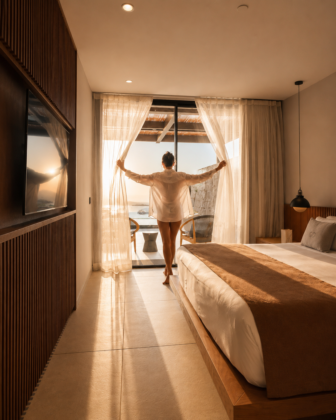 Woman just woke up and is opening the curtains of the master bedroom
